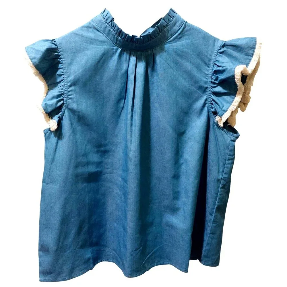 NWT Voy Blue Sleeveless Ruffle Top With Tie Back~Fringe Tip Sleeve~Size LARGE - Picture 5 of 8